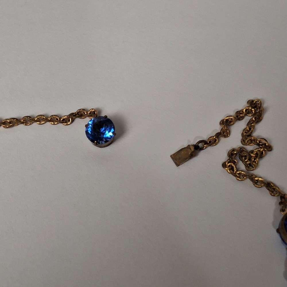 Antique Riviere Art Deco Gold Tone Sapphire Blue Glass Necklace 15" 1920s 1930s - Picture 4 of 16